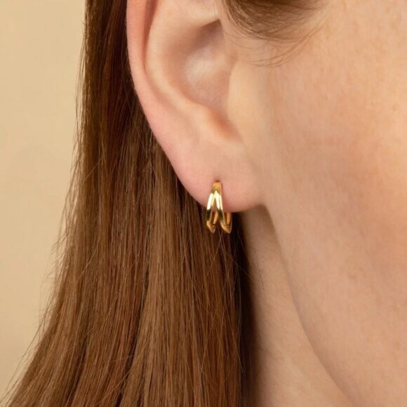 Gold Double Huggie Earrings Hypoallergenic Earrings Everyday Small Hoop Earrings - Picture 4 of 16